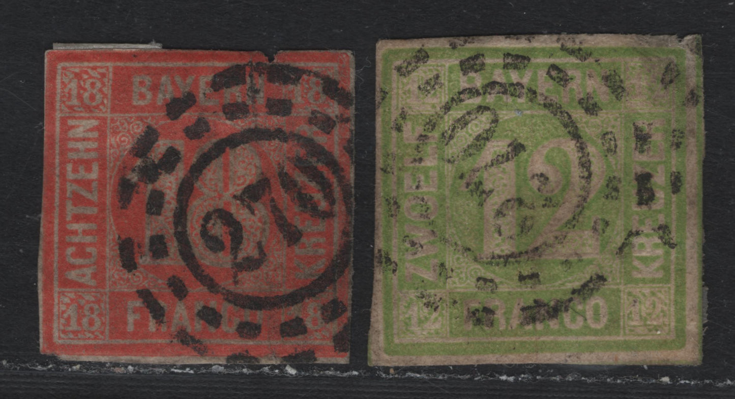 Lot 15 Bavaria SC#13-14 (Michel# 12, 13a) 12kr - 18kr Yellow Green - Vermillion Red , 1862 Numeral Issue, 2 Fair/Very Good Used Singles, Both With #270 Open Millwheel Cancel, 12k Has A Shallow Thin & 18k Has A Small Nick At The Top
