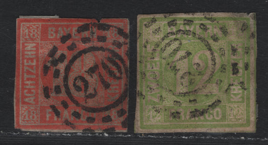 Lot 15 Bavaria SC#13-14 (Michel# 12, 13a) 12kr - 18kr Yellow Green - Vermillion Red , 1862 Numeral Issue, 2 Fair/Very Good Used Singles, Both With #270 Open Millwheel Cancel, 12k Has A Shallow Thin & 18k Has A Small Nick At The Top