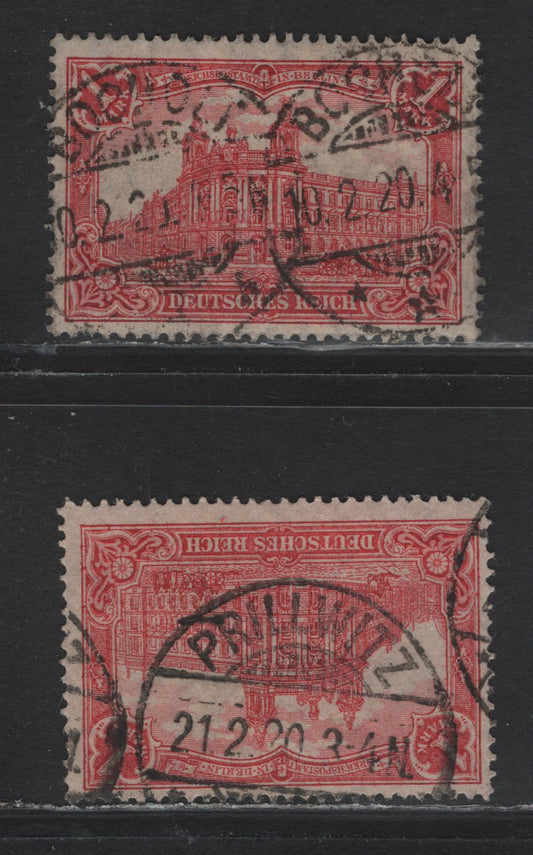 Lot 152 Germany SC#92 (94BII) 1m Dark Carmine , 1913-1920 Germania Issue, 2 Fine Used Singles, Feb 10 1920 Bocholt CDS & Feb 21 1920 Prillwitz Cancel, 25x17 Holes