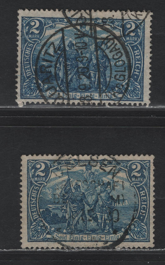 Lot 153 Germany SC#93-a (95IIBb,Bw) 2m Blackish Gray Ultramarine - Dark Cobalt Blue , 1913-1920 Germania Issue, 2 Fine Used Singles, 1920 Belsen CDS, May 1918 & 1916 Printings
