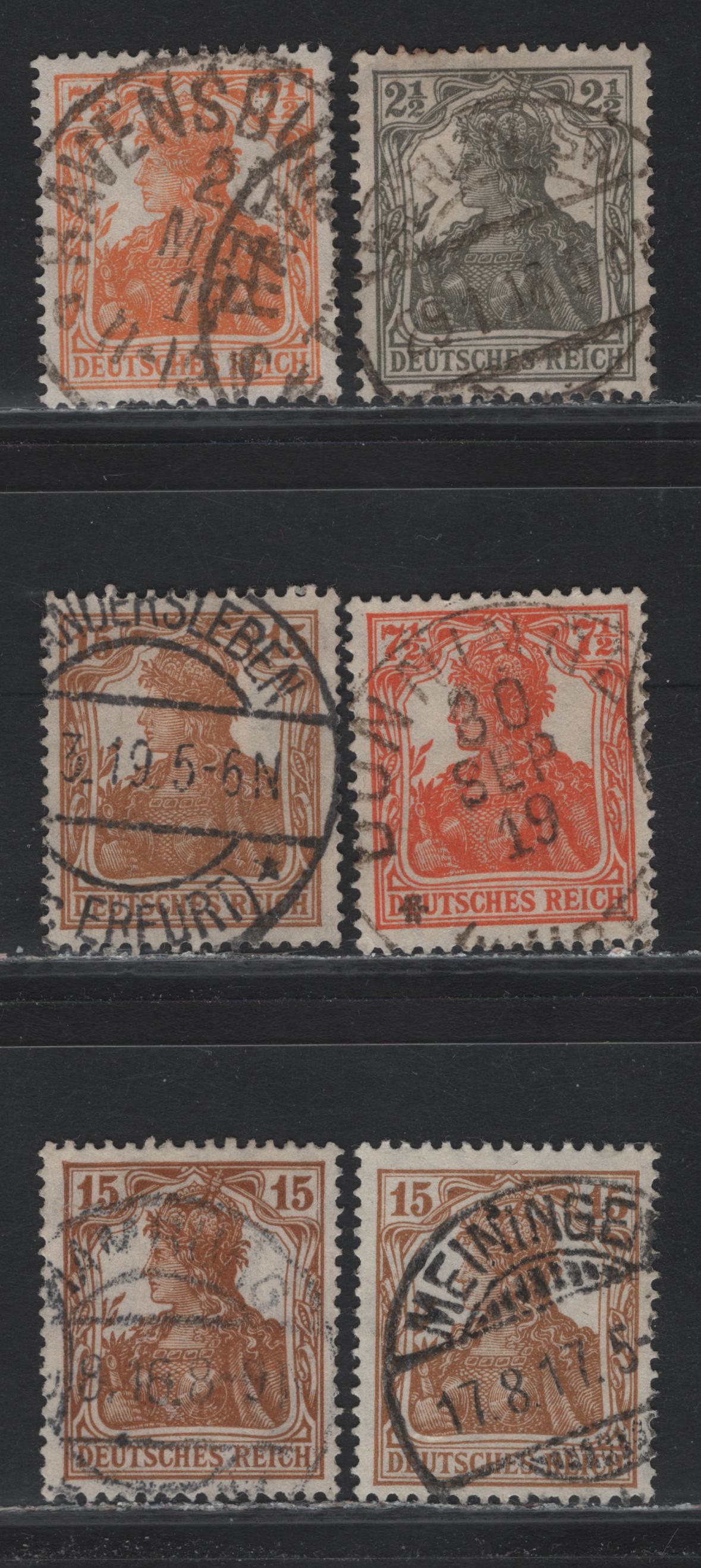 Lot 156 Germany SC#97-99 (98, 99a-b, 100a) 2.5pf - 15pf Olive Gray - Lively Orange Brown , 1913-1920 Germania Issue, Very Fine Used Singles, 1916 Printings, Lozenges Wmk