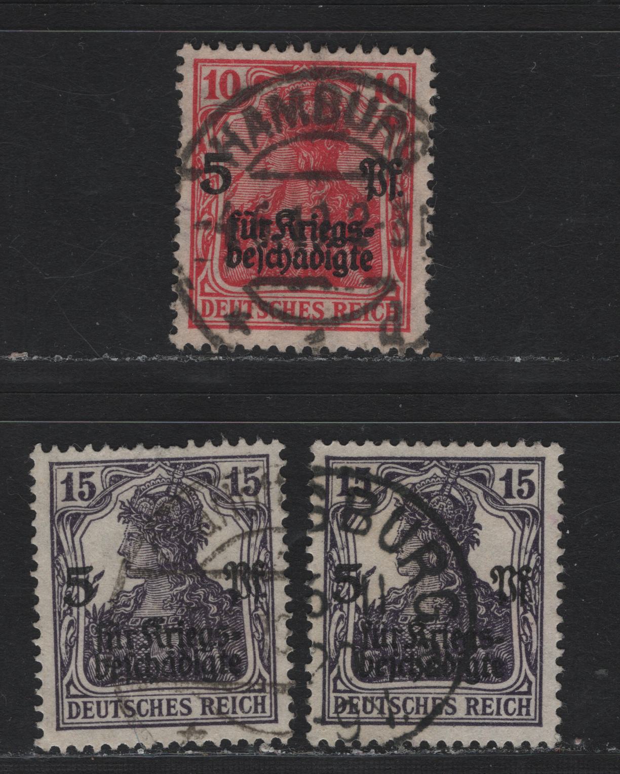 Lot 159 Germany SC#B1-B2, B6 (105c, 106,c) 10pf+5pf - 15pf+5pf Carmine Red - Blackish Violet , 1919-1920 Semi Postal Overprinted Issue, 3 Fine/Very Fine Used Singles, 1919 & 1920 Postal Cancels