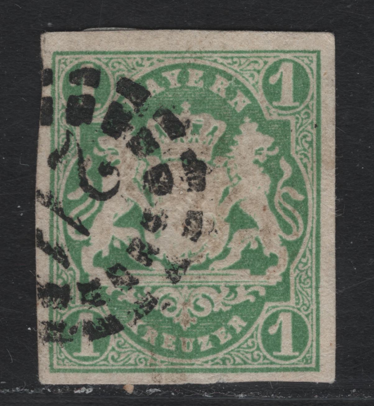 Lot 16 Bavaria SC#15a 1kr Dark Blue Green , 1867-1868 Imperf Embossed Arms Issue, A Very Fine Used Single, #211 Open Millwheel Cancel For Hof
