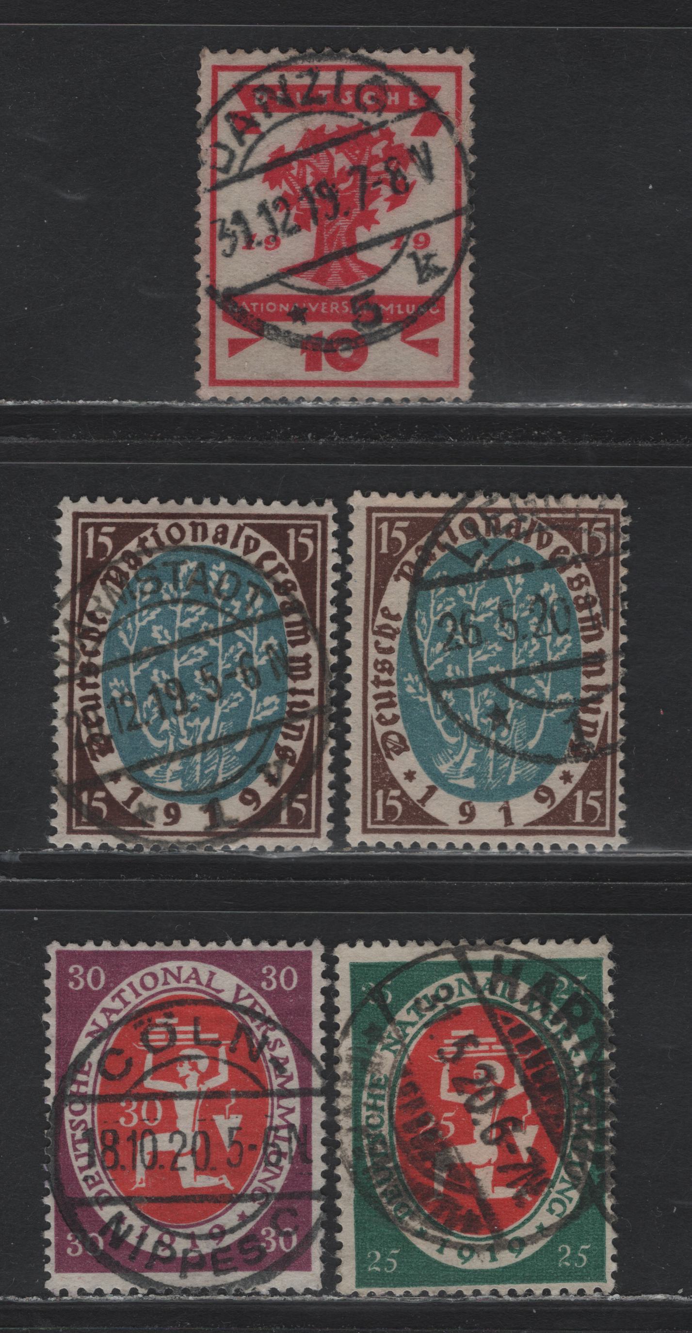 Lot 161 Germany SC#105-108 (107-109, 110a) 10pf - 30pf Carmine Red - Dark Gray Lilac & Cinnabar , 1919-1920 National Assembly Issue, 4 Fine/Very Fine Used Singles, Readable Town Cancels Dated December 1919 - October 1920