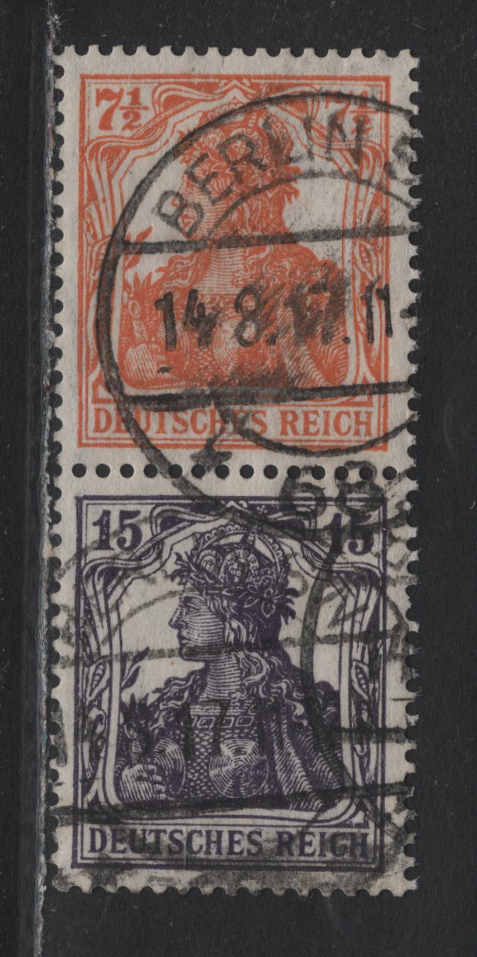 Lot 163 Germany SC#98f, 100 (58aa) 7.5pf - 15pf Yellow Orange - Gray Violet , 1919-1920 National Assembly Issue, A Very Fine Used Booklet Pair, August 14 1917 Berlin CDS, BPP Inflation Guarantee Backstamp