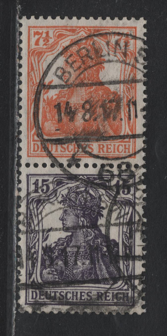 Lot 163 Germany SC#98f, 100 (58aa) 7.5pf - 15pf Yellow Orange - Gray Violet , 1919-1920 National Assembly Issue, A Very Fine Used Booklet Pair, August 14 1917 Berlin CDS, BPP Inflation Guarantee Backstamp