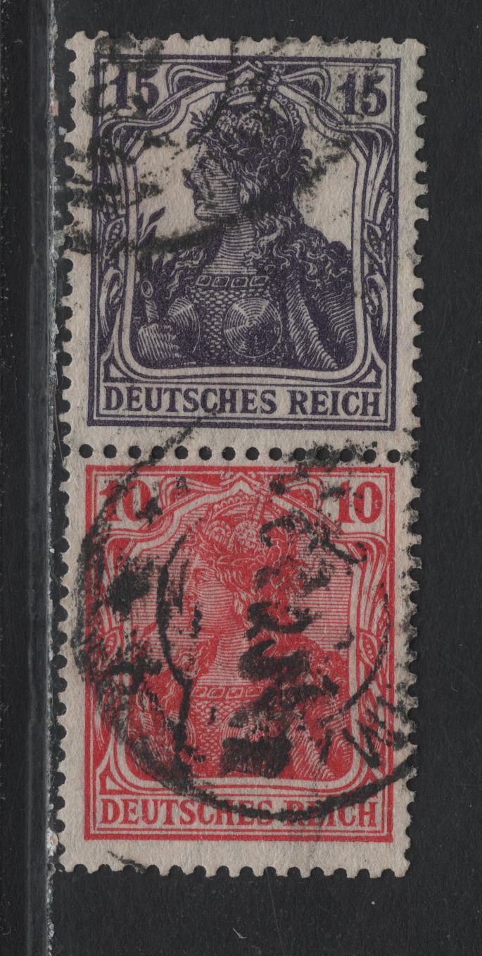 Lot 165 Germany SC#83d, 100 (59aa) 10pf - 15pf Lively Carmine Red & Vray Violet , 1919-1920 National Assembly Issue, A Very Good Used Booklet Pair, Center Of Booklet Pane, June 1920 Cancel
