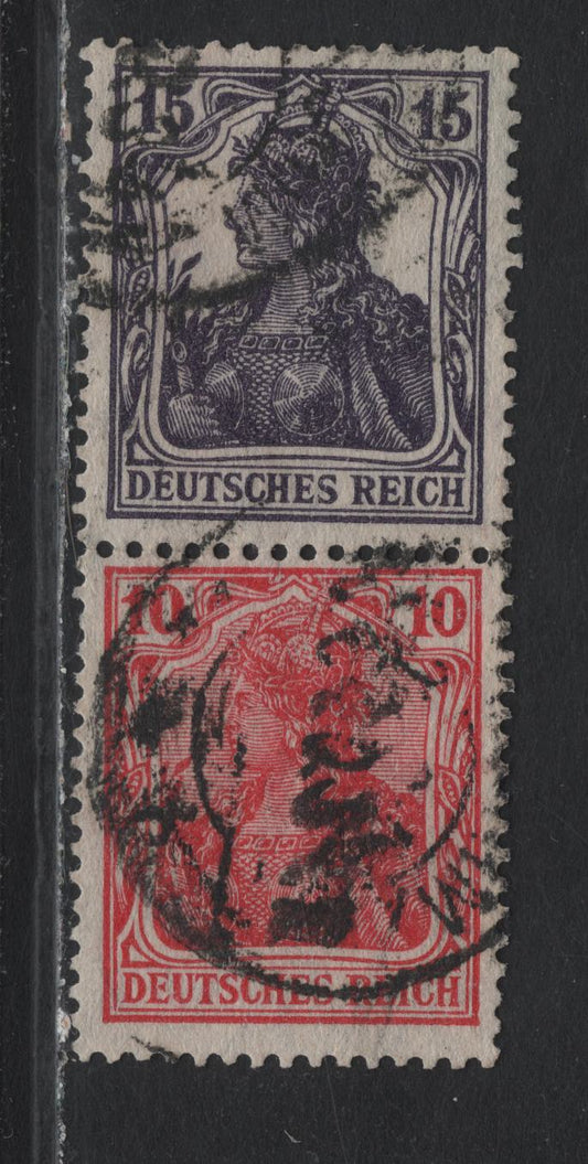 Lot 165 Germany SC#83d, 100 (59aa) 10pf - 15pf Lively Carmine Red & Vray Violet , 1919-1920 National Assembly Issue, A Very Good Used Booklet Pair, Center Of Booklet Pane, June 1920 Cancel