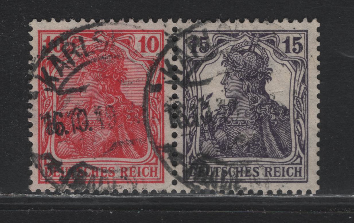 Lot 166 Germany SC#83d, 100 (W13aa) 10pf - 15pf Lively Carmine Red - Gray Violet , 1919-1920 National Assembly Issue, A Very Fine Used Booklet Pair, Center Of Booklet Pane, October 16 1919 Karlsbad CDS & BPP Inflation Guarantee Backstamps