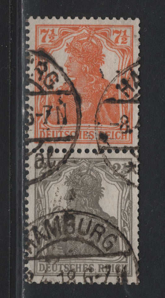 Lot 168 Germany SC#97, 98f (513a) 7.5pf - 2.5pf Yellow Orange - Olive Gray , 1919-1920 National Assembly Issue, A Fine Used Coil Pair, Typical Truncated Perfs Along The Right Side, April 8 1920 Hamburg CDS Cancel, BPP Inflation Guarantee Handstamps.
