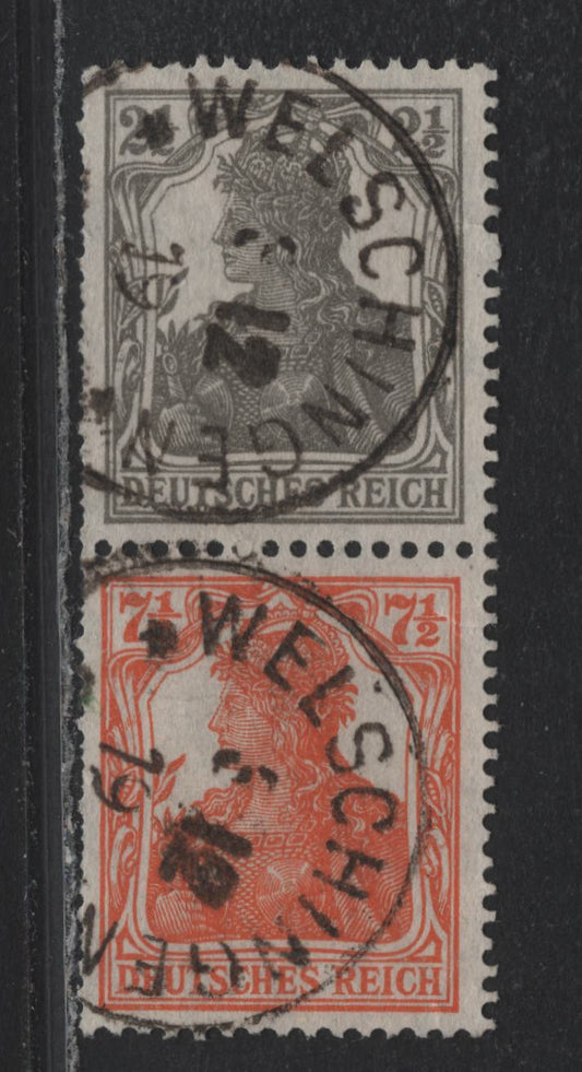 Lot 169 Germany SC#97, 98 (511b) 2.5pf - 7.5pf Olive Gray - Red Orange , 1919-1920 National Assembly Issue, A Fine Used Coil Pair, December 19, 1919 Welschingen CDS Cancel, Short Perfs Along Left Side