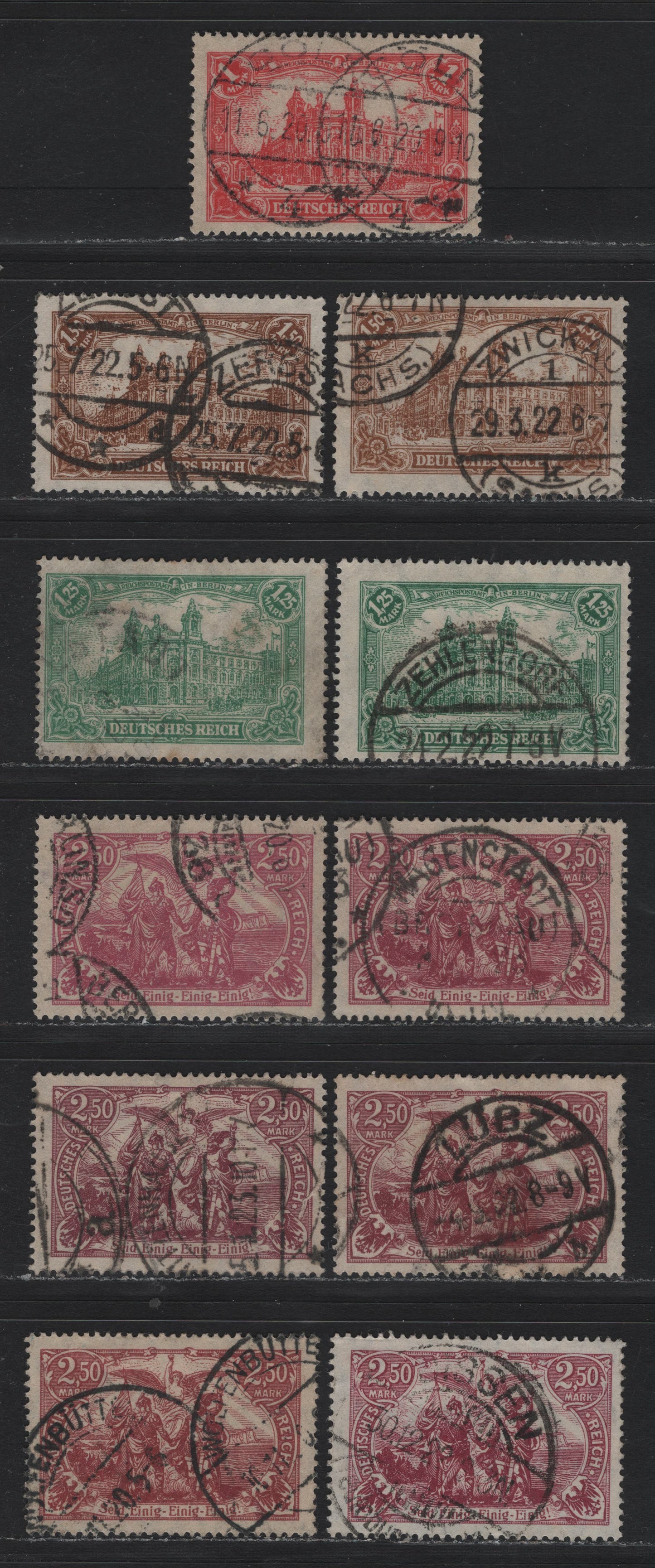 Lot 171 Germany SC#111-113, 114-c (A113a, 113, 114a, 115a,c,e,f) 1m - 2.5m Red - Lilac Carmine , 1920-1921 Surcharged Issues, Fine/Very Fine Used Singles