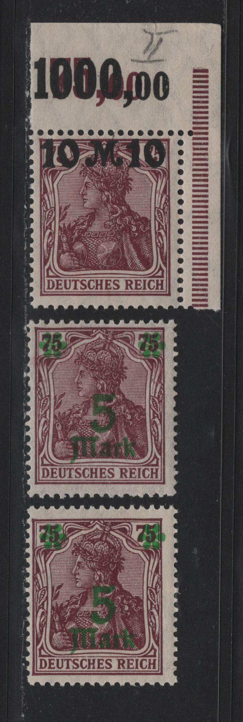 Lot 173 Germany SC#135-136 (156I-II, 157IPOR) 5m on 75pf - 10m on 75pf Blackish Rose Lilac , 1920-1921 Surcharged Issues, 2 FNH Singles, 5m & 10m Having Matte Overprint & 5m With Shiny Overprint