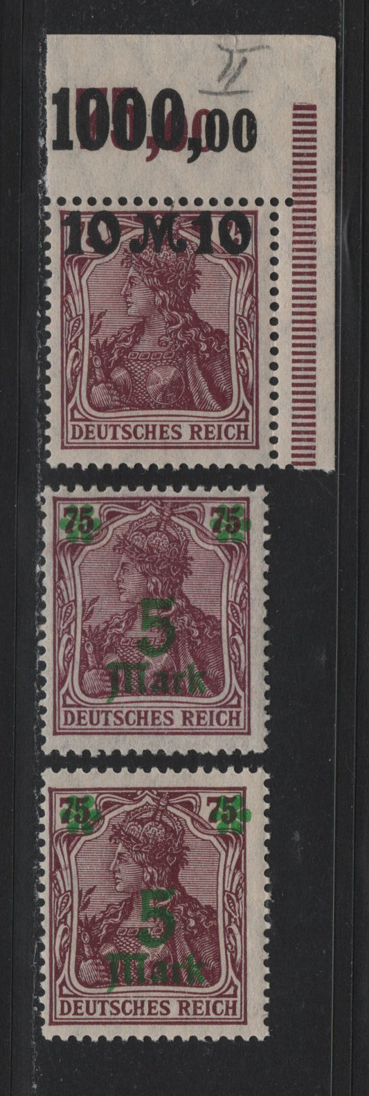 Lot 173 Germany SC#135-136 (156I-II, 157IPOR) 5m on 75pf - 10m on 75pf Blackish Rose Lilac , 1920-1921 Surcharged Issues, 2 FNH Singles, 5m & 10m Having Matte Overprint & 5m With Shiny Overprint
