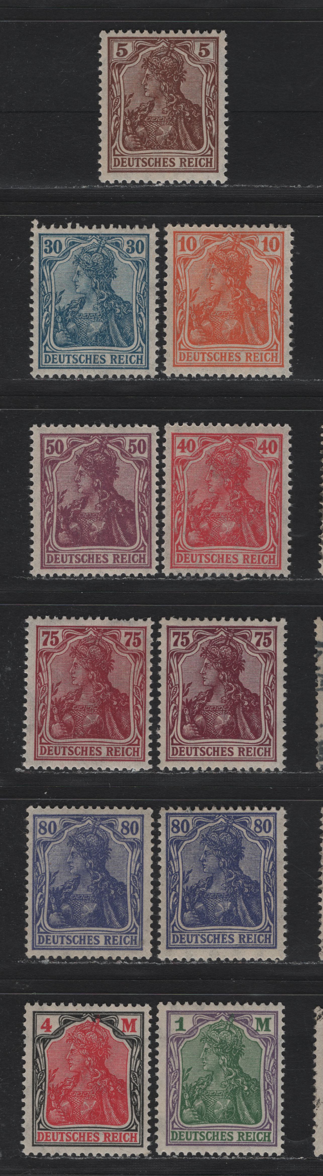 Lot 174 Germany SC#118-119, 123-125, 127-129, 132 (140b, 141, 144II, 125AII, 146II, 148II, 149aI, 150, 153) 50pf - 4m Sienna - Black & Rose , 1920 Germania Issue, 9 F/VFNH Singles, All Are Type II, Lozenges Wmk