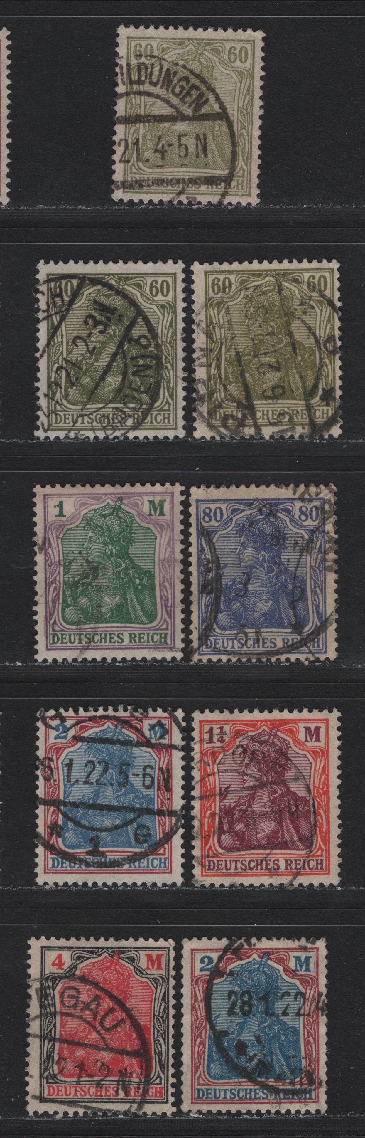 Lot 176 Germany SC#126, 128-132 (147, 149aI, 150, 151a, 152-153) 60pf - 4m Olive Green - Black & Rose , 1920 Germania Issue, 6 Fine/Very Fine Used Singles, Extra Shades Of 60pf & 2m