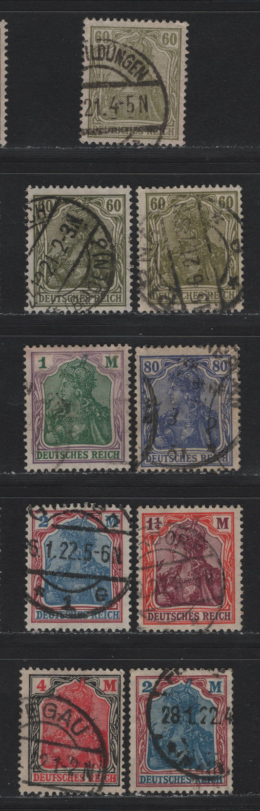 Lot 176 Germany SC#126, 128-132 (147, 149aI, 150, 151a, 152-153) 60pf - 4m Olive Green - Black & Rose , 1920 Germania Issue, 6 Fine/Very Fine Used Singles, Extra Shades Of 60pf & 2m