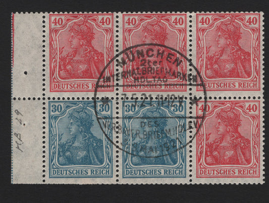 Lot 179 Germany SC#123-124 (29aA) 30pf - 40pf Prussian Blue - Carmine Rose , 1920 Germania Issue, A Fine Used Booklet Pane Of 6, CTO, Perforated Selvedge With Commemorative Munich International Stamp Exhibition Cancel Dated May 7 1921