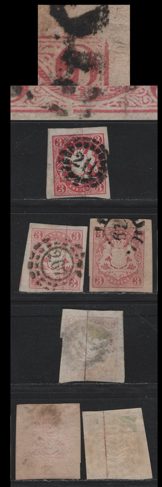Lot 17 Bavaria SC#16 (Michel# 15) 3kr Rose - Deep Rose , 1867-1868 Imperf Embossed Arms Issue, 3 Very Fine Used Singles, Open & Closed Millwheel Cancels #211 (Hof) & #267 Landshut, One With Frame Break At Bottom & One With Weak Frame At UR
