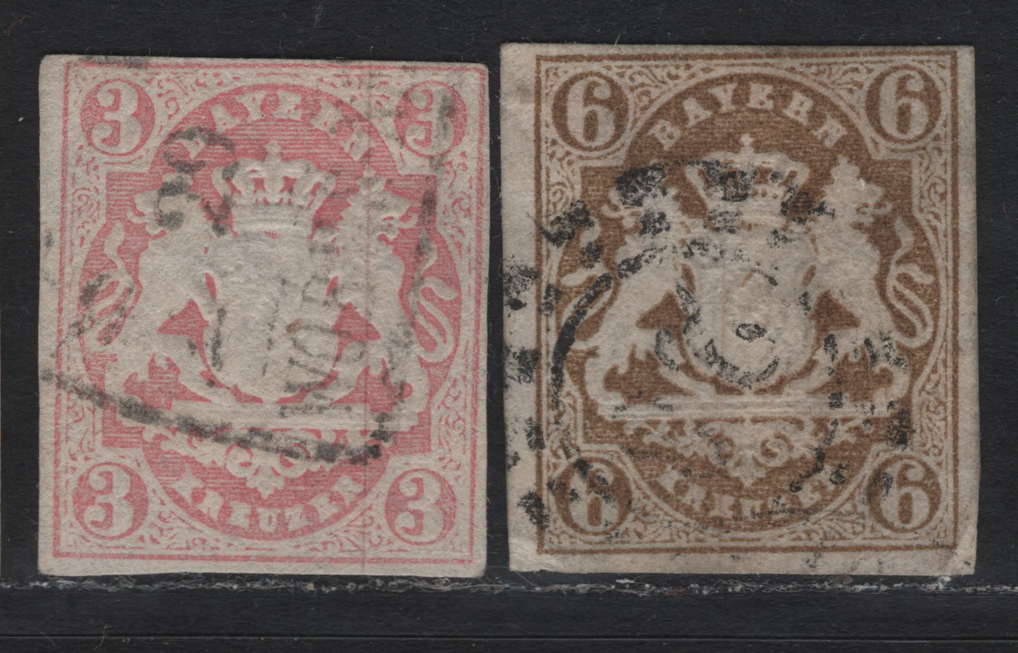 Lot 18 Bavaria SC#16, 18 (Michel# 15-16) 3kr - 6kr Rose - Bistre , 1867-1868 Imperf Embossed Arms Issue, 2 Fine Used Singles, Narrow, But Clear Margins
