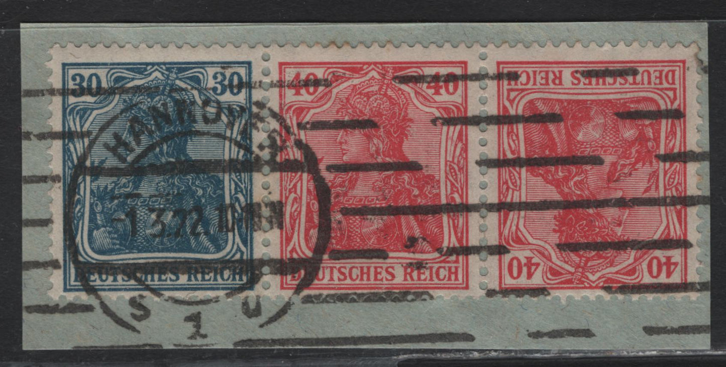 Lot 182 Germany SC#123-124 (Wk2) 30pf- 40pf Prussian Blue - Carmine Red , 1921 Germania Issue, A Fine Used Booklet Tete-Bech Strip Of 3, This is From An Uncut Sheet, March 1 1922