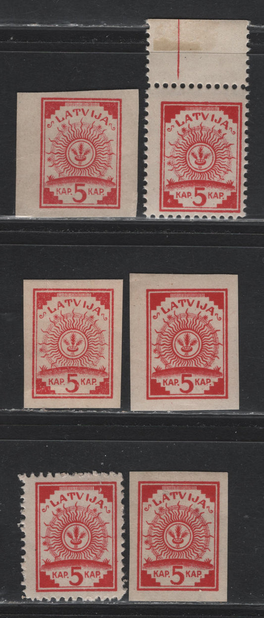 Lot 183 Latvia SC#1 5k Carmine & Carmine Vermillion , 1918 Arms Issue, 6 F/VFNH Perf & Imperf Singles, Military Map Paper, Perf 11.5, Map Portion Printed In Brown & Black.
