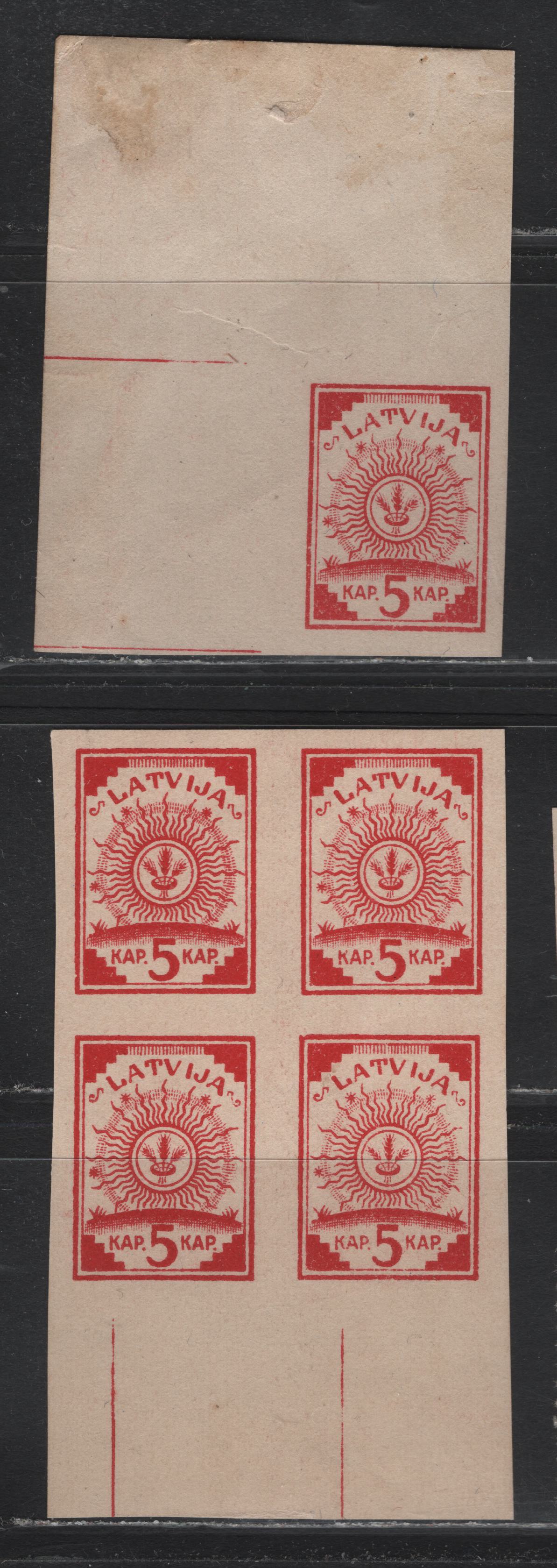 Lot 184 Latvia SC#1 5k Carmine , 1918 Arms Issue, 2 VFNH/LH Upper Sheet Margin Single & Block Of 4, Military Map Paper, Without Any Map Printing