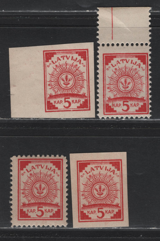 Lot 185 Latvia SC#1-2 5k Carmine , 1918 Arms Issue, 4 F/VFNH Singles, Military Map Paper, Different Printing Colors