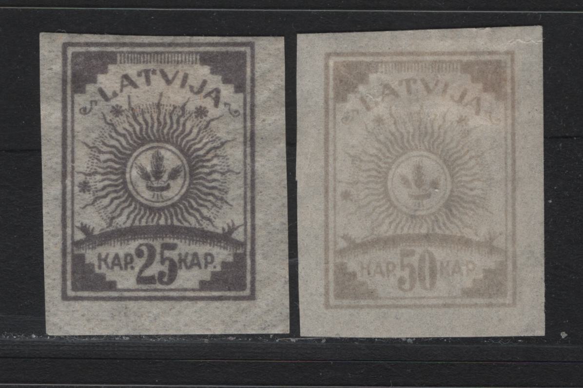 Lot 192 Latvia SC#13A, 15var 25k - 50k Gray - Pale Gray Lialc , 1919 Arms Issue, 2 F/VFOG Singles, 50k Is Listed As Purple Only, This Might Be Faded, Or It Is An Unlisted Variation.