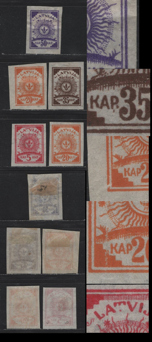 Lot 193 Latvia SC#10,var, 13var-15var 5k - 50k Carmine - Purple , 1919 Arms Issue, 5 VFOG Singles, Pelure Paper, Unlisted Plate Flaws