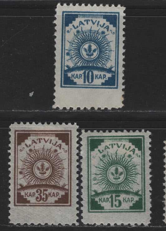 Lot 196 Latvia SC#27-28, 31 10k - 35k Deep Blue - Dark Brown , 1919 Arms Issue, 3 VFOG Bottom Sheet Margin Singles, Perf 11.5x11.5x10x11.5, Perf 10 At Bottom