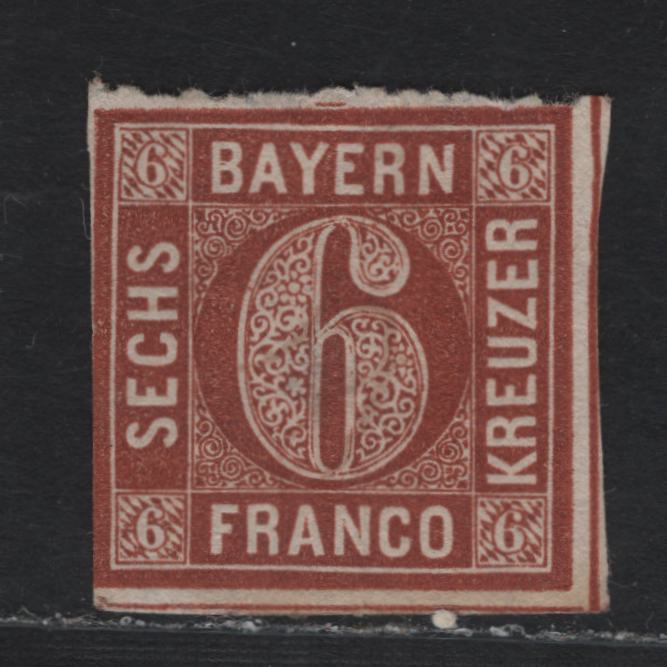 Lot 2 Bavaria SC#5 (Michel# 4II2) 6kr Red Brown , 1849-1858 Numeral Issue, A Fine Unused Single, Plate 2, Sharp, Pointed Corners, No Gum, Margins Close To Touching At LL & Full on 2 Sides.