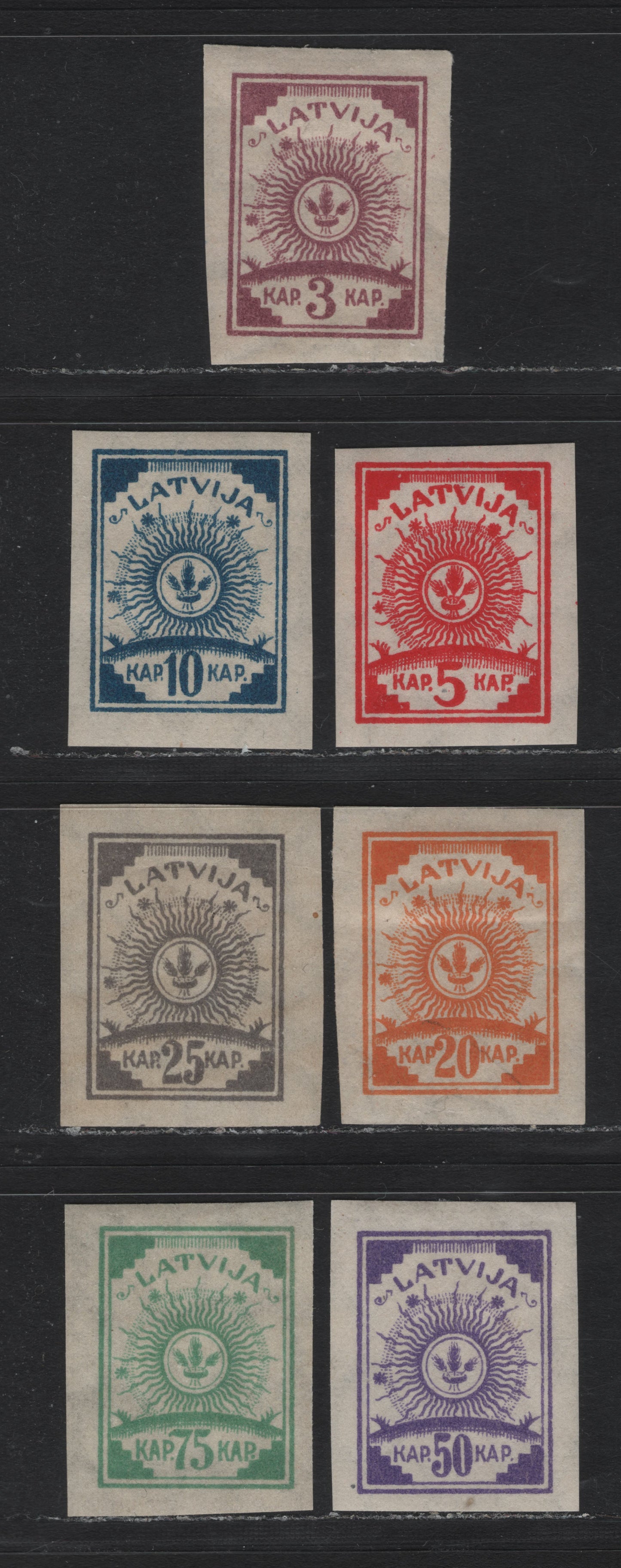 Lot 202 Latvia SC#25-27, 29-30, 32-33 3k - 75k Lilac - Emerald , 1919 Arms Issue, 7 VFOG Singles, ,