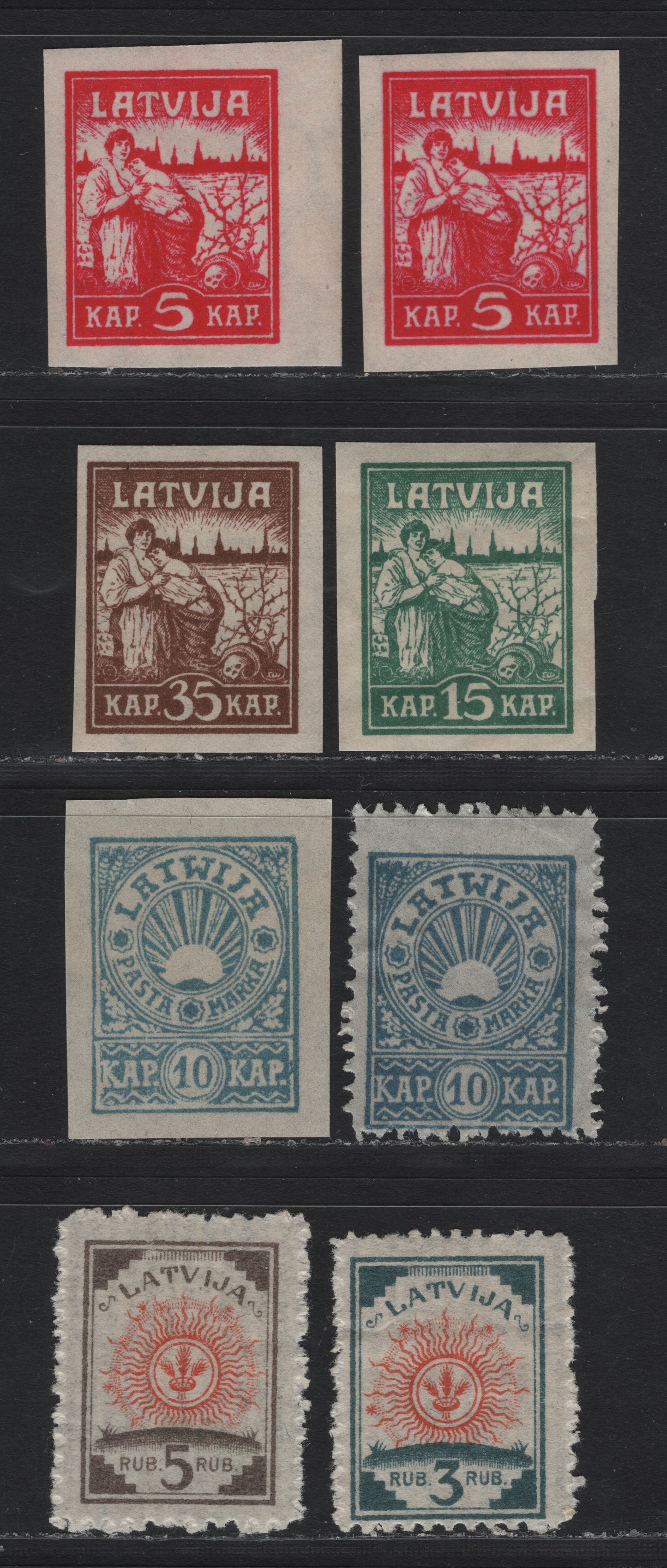 Lot 204 Latvia SC#43-45, 55-58 5k - 5r Aniline Carmine - Gray Brown & Orange , 1919 Liberation of Riga - Arms Issues, 8 F/VFONH/OG & Unused Singles, Laid Paper (Arms), Includes Normal & Aniline 5k Carmine Rose
