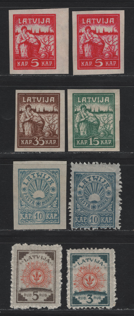 Lot 204 Latvia SC#43-45, 55-58 5k - 5r Aniline Carmine - Gray Brown & Orange , 1919 Liberation of Riga - Arms Issues, 8 F/VFONH/OG & Unused Singles, Laid Paper (Arms), Includes Normal & Aniline 5k Carmine Rose