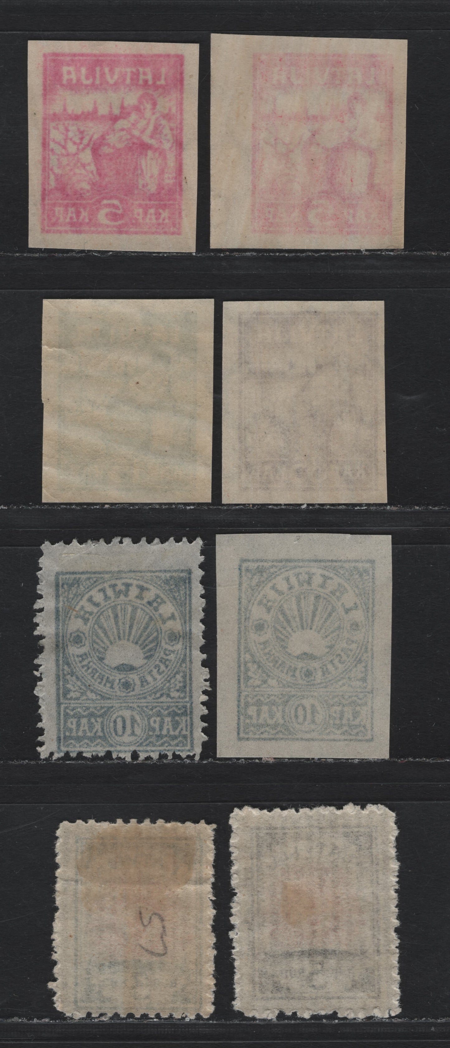 Lot 204 Latvia SC#43-45, 55-58 5k - 5r Aniline Carmine - Gray Brown & Orange , 1919 Liberation of Riga - Arms Issues, 8 F/VFONH/OG & Unused Singles, Laid Paper (Arms), Includes Normal & Aniline 5k Carmine Rose