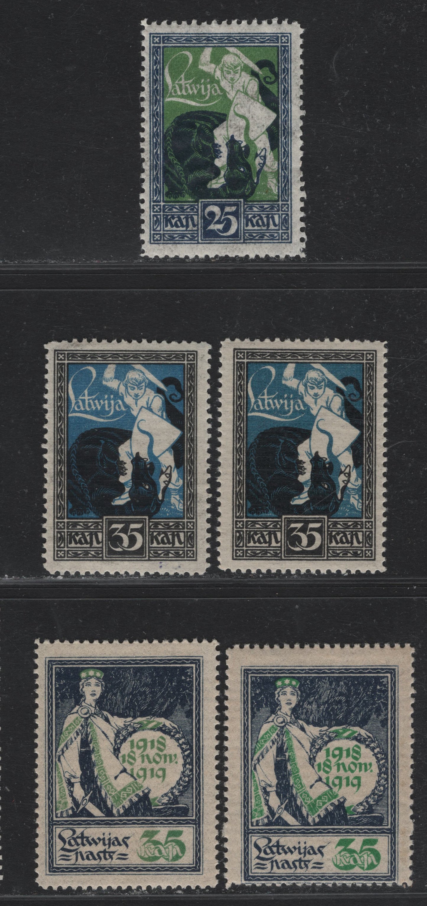 Lot 206 Latvia SC#62, 65-66 35k Indigo & Emerald - Black & Bright Blue , 1919 Independence Issue, 5 F/VFNH Singles, ,