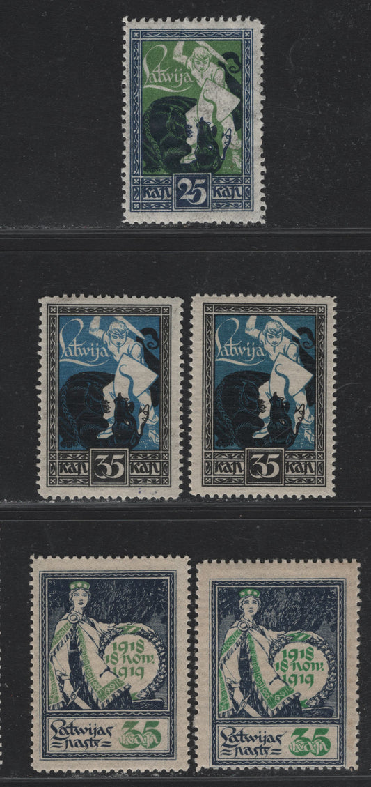 Lot 206 Latvia SC#62, 65-66 35k Indigo & Emerald - Black & Bright Blue , 1919 Independence Issue, 5 F/VFNH Singles, ,