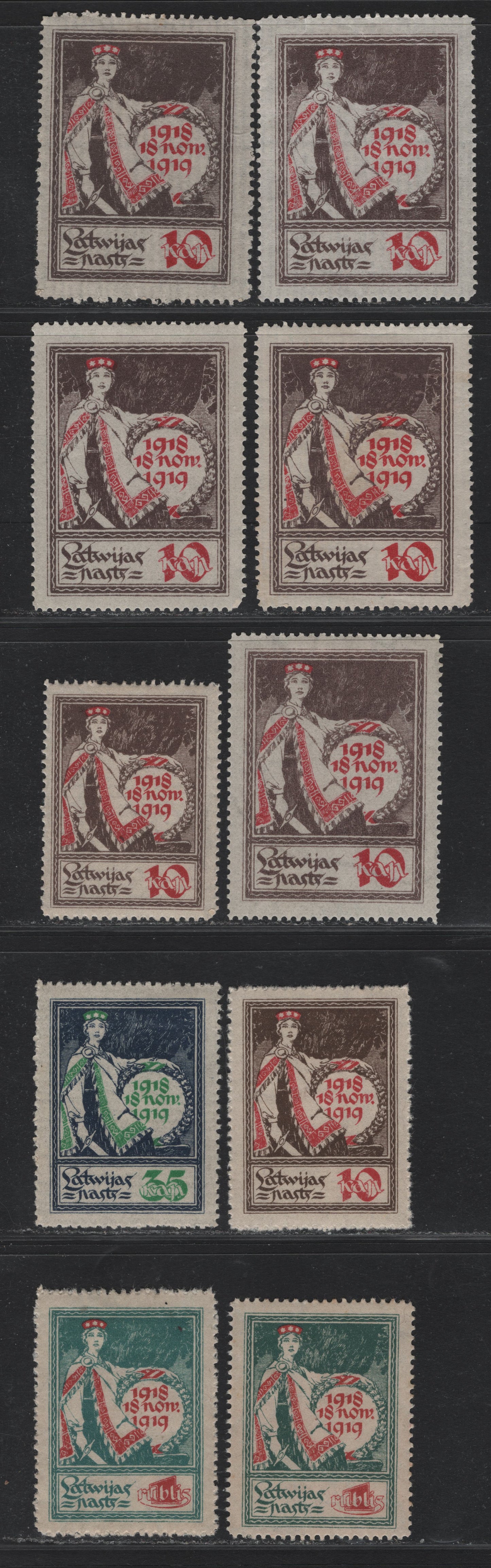 Lot 208 Latvia SC#59-63 10k - 1r Brown & Olive - Green & Red , 1919 Independence Issue, 10 VFOG Singles, Includes Shade Variations of Nearly All Values, Laid/Wove Papers, Plus Both Types Of 59 & 60.