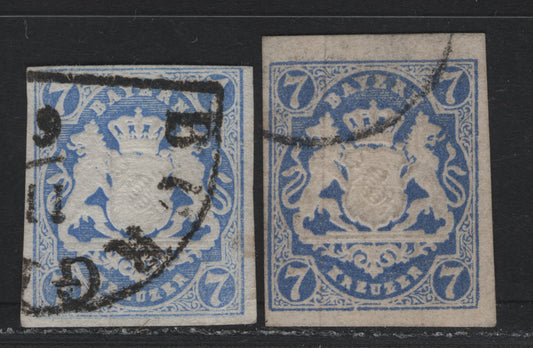 Lot 21 Bavaria SC#19,b (Michel# 21a, 21d) 7kr Pale Violet Ultramarine - Royal Blue , 1867-1868 Imperf Embossed Arms Issue, 2 Fine Used Singles