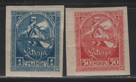 Lot 215 Latvia SC#70a, 71b 50k - 1r Rose - Blue , 1920 First National Assembly Issue, 2 VFOG Imperf Singles, ,