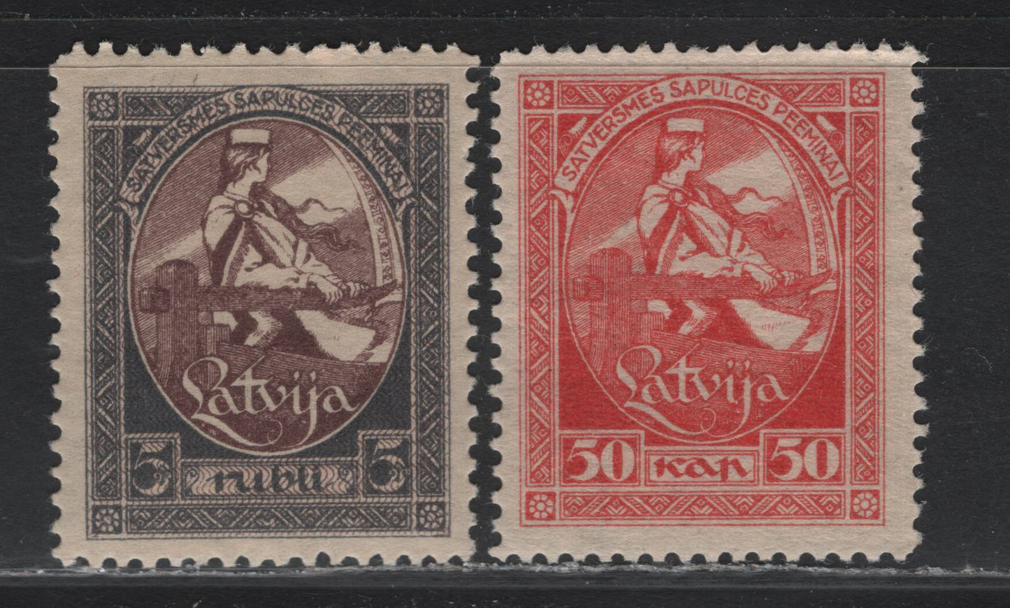 Lot 216 Latvia SC#70, 73 50k - 5r Rose - Slate & Violet Brown , 1920 First National Assembly Issue, 2 VFNH Singles, Perf 11.5,