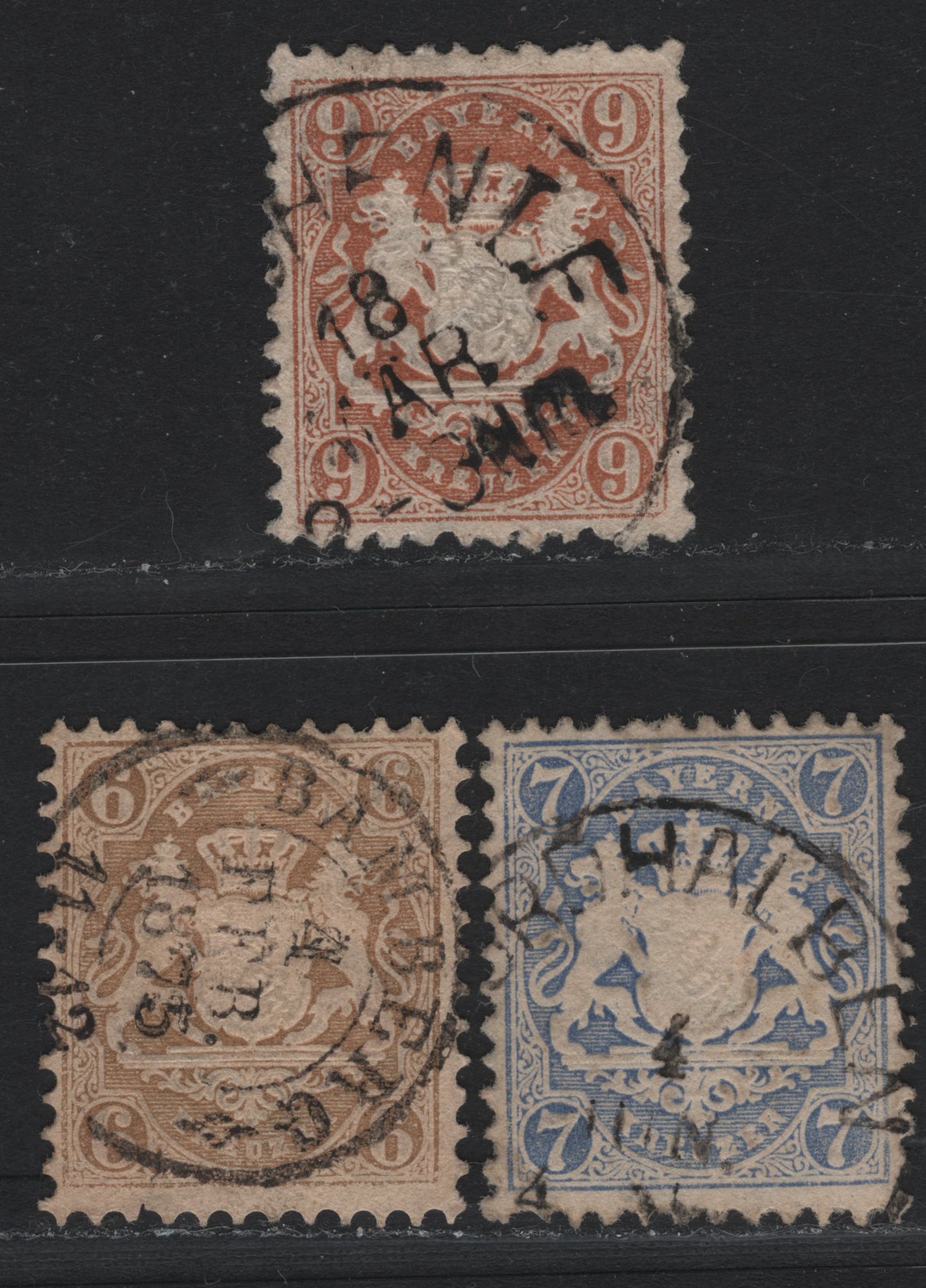 Lot 22 Bavaria SC#25-27 (Michel# 24Y, 25Ya, 28Y) 6kr - 9kr Bistre - Pale Red Brown , 1870-1872 Embossed Arms Issue, 3 Very Fine Used Singles, Perf 11.5, Wmk 17mm Wide Diamonds, 6kr With SON Feb 1875 Banberg CDS.