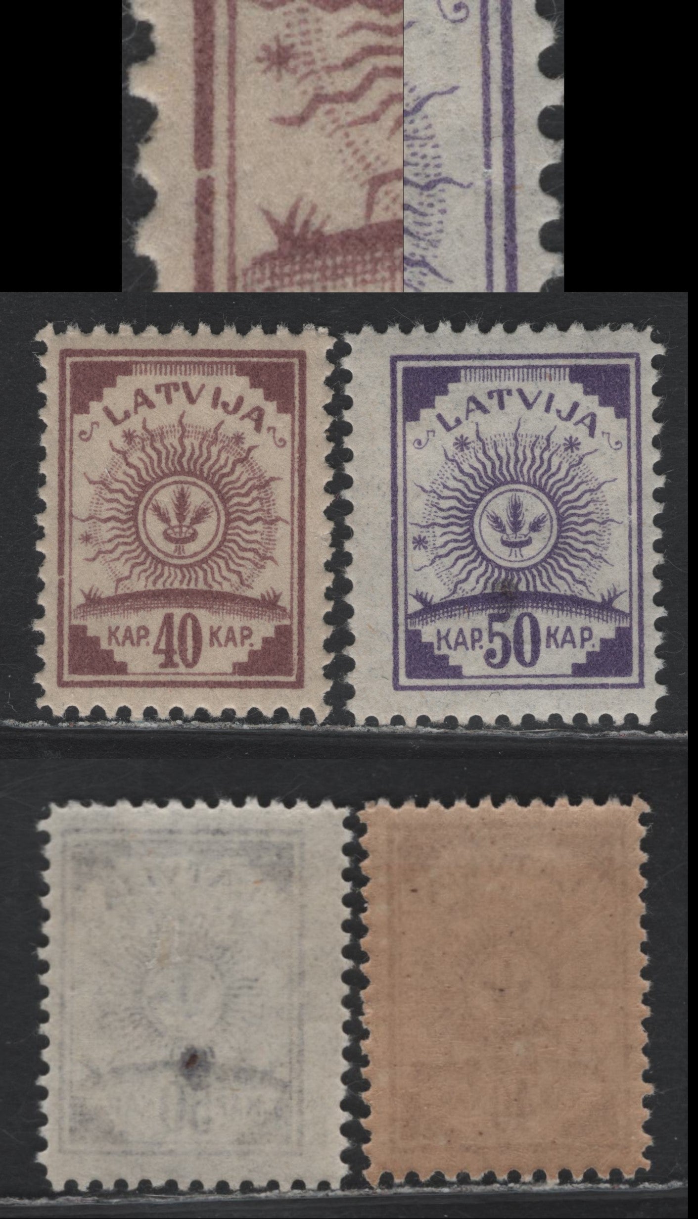 Lot 220 Latvia SC#79var - 80var 40k - 50k Lilac - Violet , 1920-1921 Arms Issue, 2 FOG/VFNH Singles, Showing Unlisted Frame Breaks,