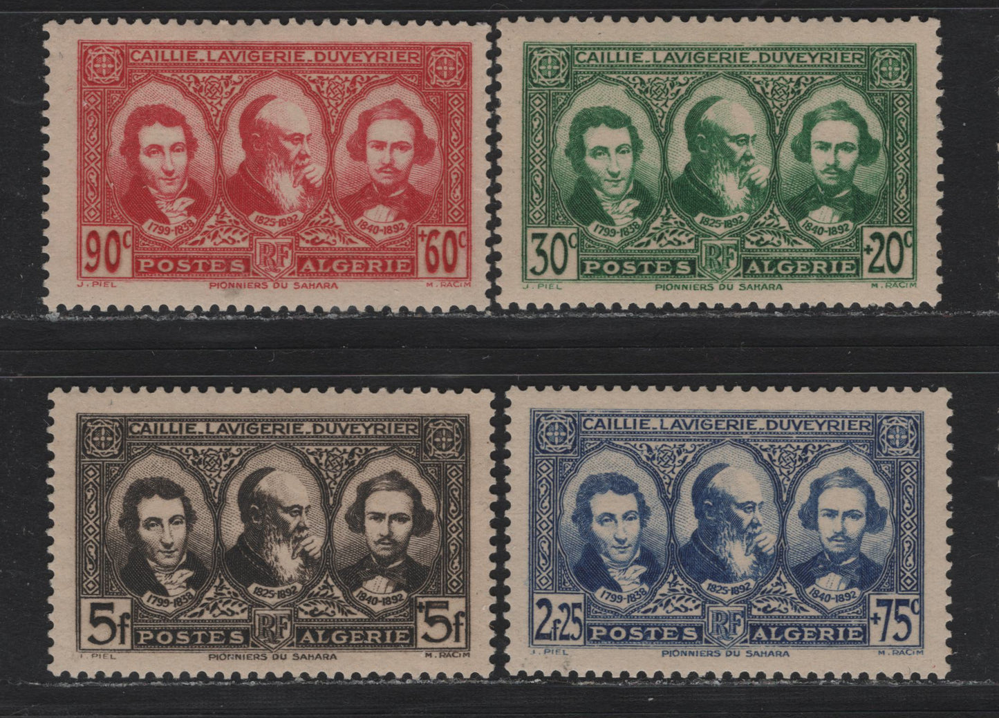 Lot 221 Algeria SC#B28-B31 30c+20c - 5fr+5fr Dark Blue Green - Dark Brown , 1939 Pioneers of the Sahara Semi Postal Issue, 4 VFOG Singles