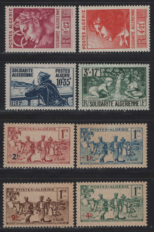 Lot 221A Algeria SC#B32-B35, B47-B50 1fr+1fr - 10fr+35fr Blue & Carmine - Dark Blue , 1940-1947 Families Of Mobilized Men - Soliderity Semi Postal Issues, 1940 Set is Hinged, 1947 Set is NH