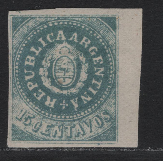 Lot 222A Argentina SC#7F 15c Blue , 1864 Seal of The Republic Issue, A VFOG Single, Forgery, Narrow 'C' in Centavos Rather Than The Broad 'C'