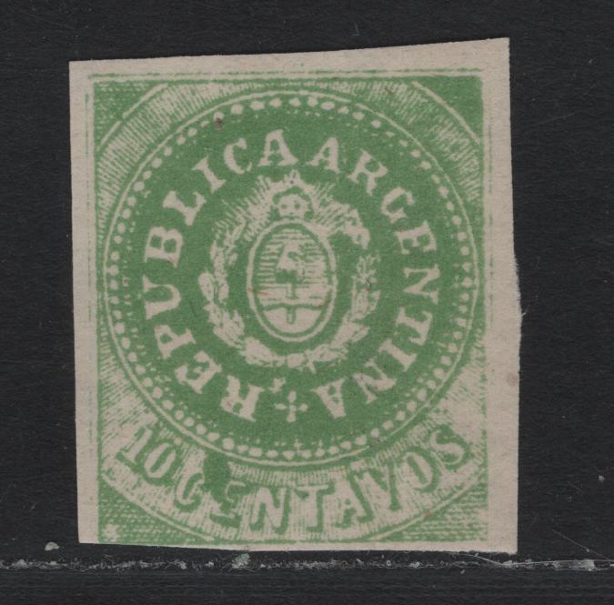 Lot 223 Argentina SC#6F 10c Green , 1864 Seal of The Republic Issue, A FOG Single, Forgery, Narrow 'C' in Centavos Rather Than The Broad 'C'