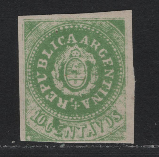 Lot 223 Argentina SC#6F 10c Green , 1864 Seal of The Republic Issue, A FOG Single, Forgery, Narrow 'C' in Centavos Rather Than The Broad 'C'