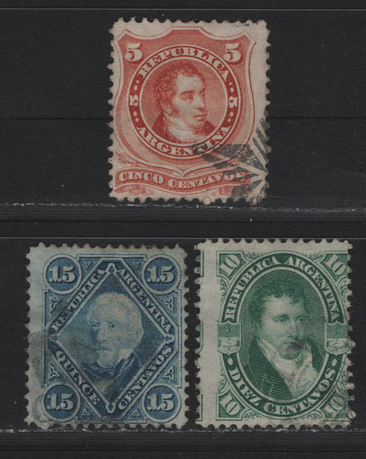 Lot 224 Argentina SC#18A, 19-20 10c - 5c Green - Vermillion , 1867-1868 Rividavia, Belgaro & San Martin Issue, 3 Good/Very Good/Fine Used Singles, 5c Blue Background of Horizontal Lines, 5c Vermillion Background of Crossed Lines, Three Thin Spots On 15c.